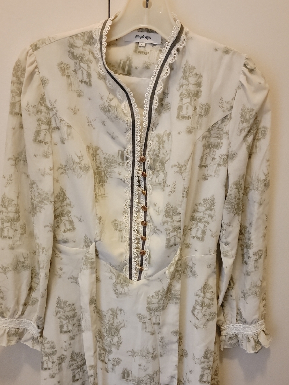Simple Retro Vintage-Inspired Cream Floral Print Long Sleeve Dress Size S - Picture 2 of 15